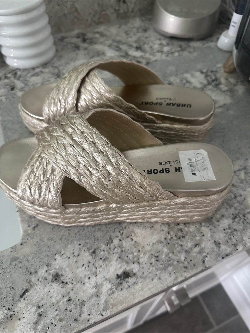 NEW J/SLIDES Metallic Braided Slide Sandals in Champagne Gold - Picture 3 of 5